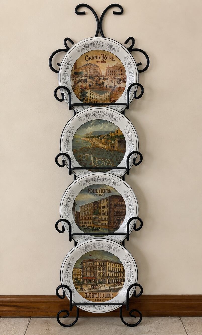 Certified International Set 4 8" Plates Hotels + Metal Wall Hanging Display Rack
